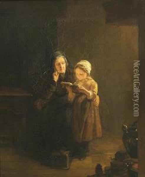 Old Lady And Child Reading Oil Painting - Catherine Bisschop-Swift