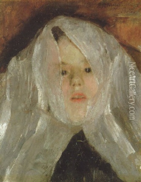 A Girl Wearing A White Veil Oil Painting - Antonio Mancini