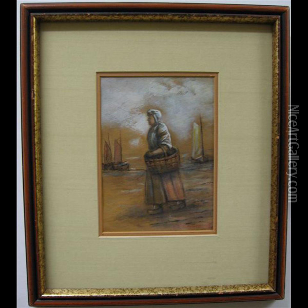 A Dutch Fisherwoman With Basket On Beach Oil Painting - Georges Chavignaud