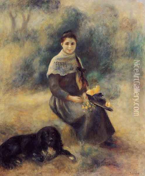 Young Girl With A Dog Oil Painting - Pierre Auguste Renoir