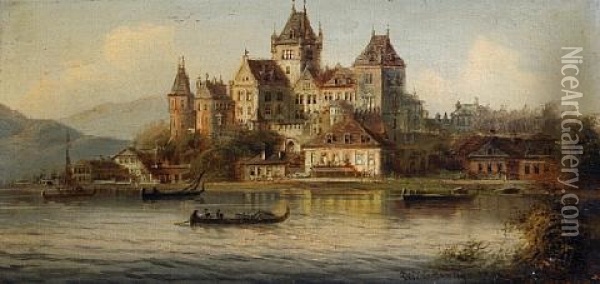 Castle On A Shore (+ Castle On A Shore; Pair) Oil Painting - Johann Wilhelm Jankowski