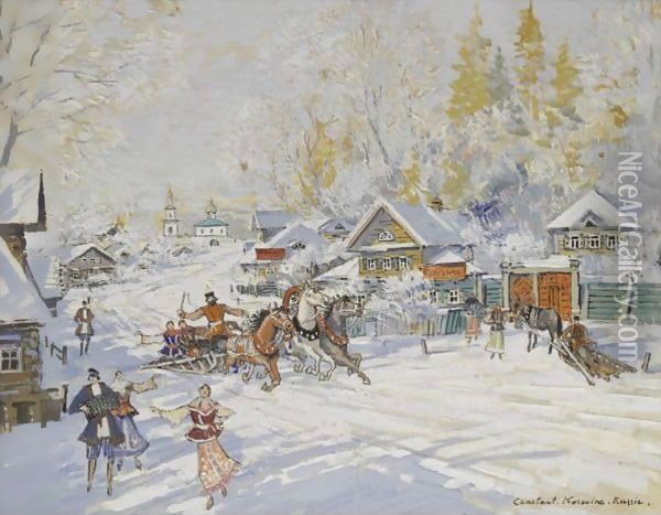 Sunny Winter Landscape With Troika Oil Painting - Konstantin Alexeievitch Korovin