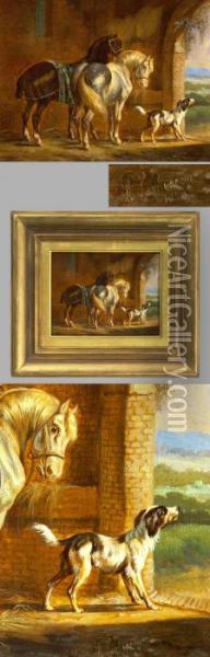 Brauner, Apfelschimmel Und Hund Oil Painting - Albertus Verhoesen