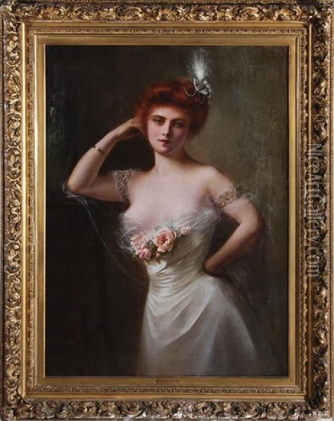 Red Haired Beauty In Interior Oil Painting - Henri Rondel