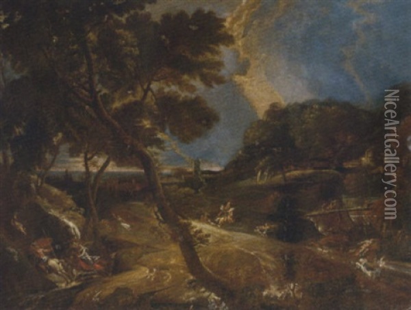 An Extensive Landscape With A Stag Hunt Oil Painting - Pieter Mulier the Younger