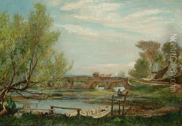 A River Landscape In Summer With A Horse And Cart Crossing A Bridge Oil Painting - John William Buxton Knight
