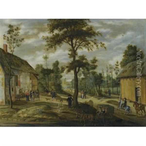 A Village Scene Outside An Inn With Two Horsemen And A Carriage Halted In The Foreground Oil Painting - Isaac Van Oosten