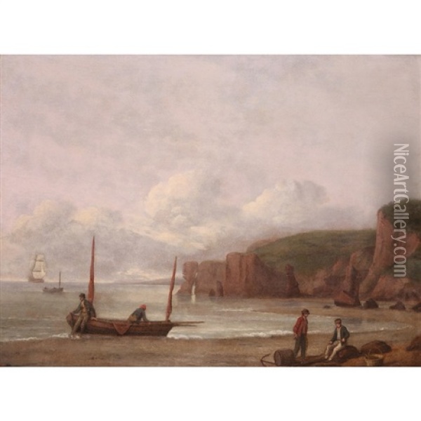 Figures On The Shore In A Coastal Landscape Oil Painting - Thomas Luny