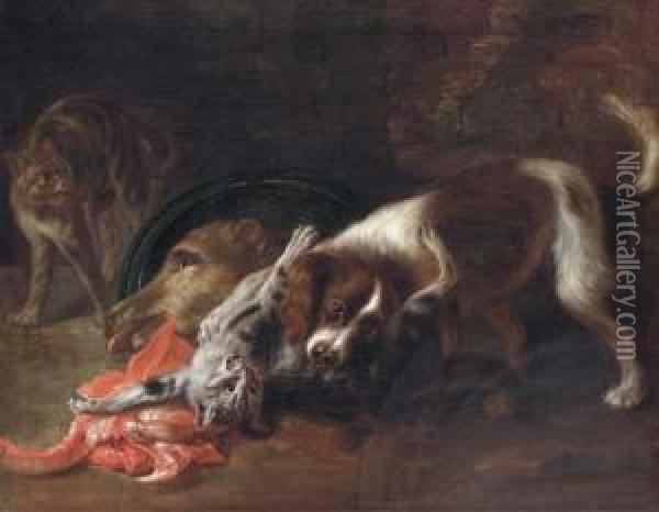 A Spaniel And A Cat Fighting Oil Painting - Nicasius Bernaerts