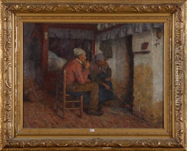 Vieux Couple Devant La Cheminee Oil Painting - Edgard Farasyn