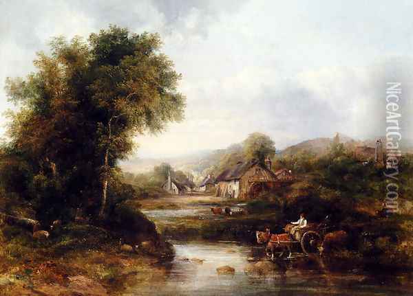 An Extensive River Landscape With A Drover In A Cart With His Cattle Oil Painting - Frederick Waters Watts