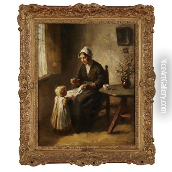 Interior With Mother Sewing Oil Painting - Bernard de Hoog