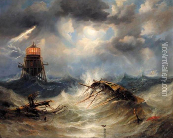 The Irwin Lighthouse, Storm Raging Oil Painting - John Wilson Carmichael