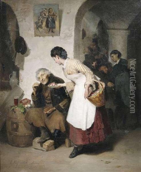 In Front Of A Hostelry. 
A Lady Giving Flowers To A Mendicant. Oil Painting - Eugen Hofmeister