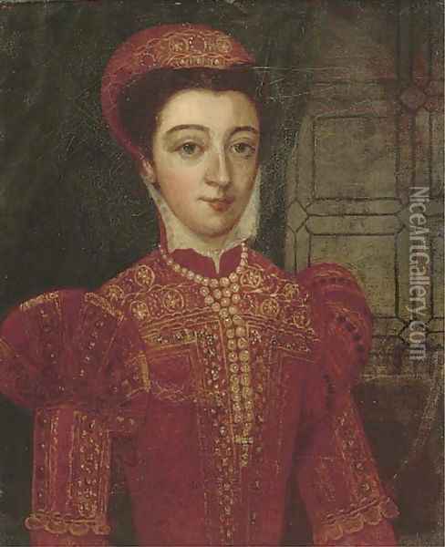 Portrait of a lady, half-length, in a red embroidered doublet and pearls Oil Painting - Antonis Mor