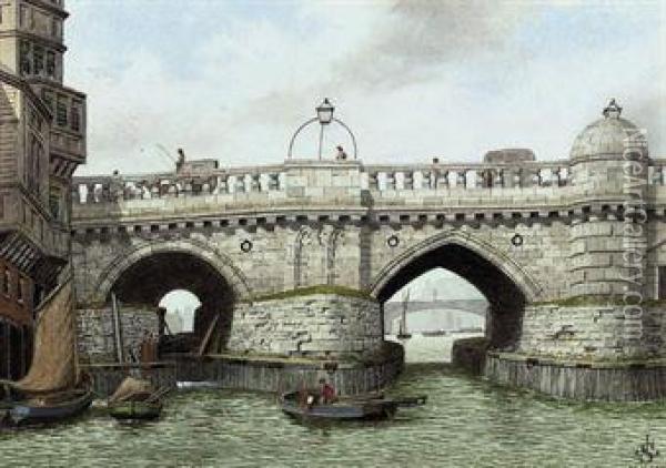 The Southwark End Of Old London Bridge Oil Painting - James Lawson Stewart