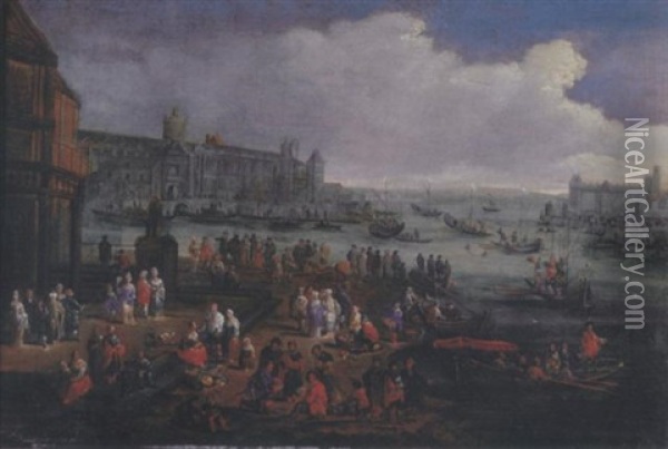 An Italianate Harbour With Elegant Figures Oil Painting - Adriaen Frans Boudewyns the Elder