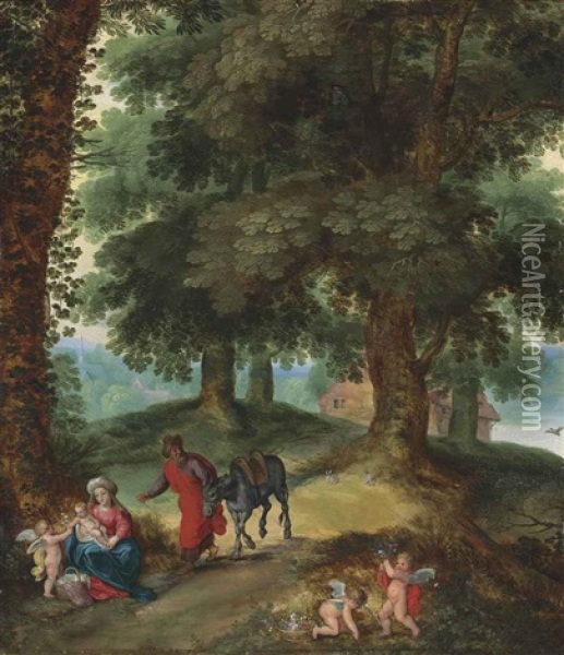 A Wooded Landscape With The Rest On The Flight Into Egypt Oil Painting - Hendrik van Balen the Elder
