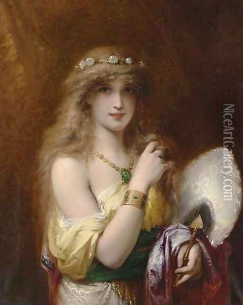 A Young Beauty holding a Fan Oil Painting - Pierre Oliver Joseph Coomans