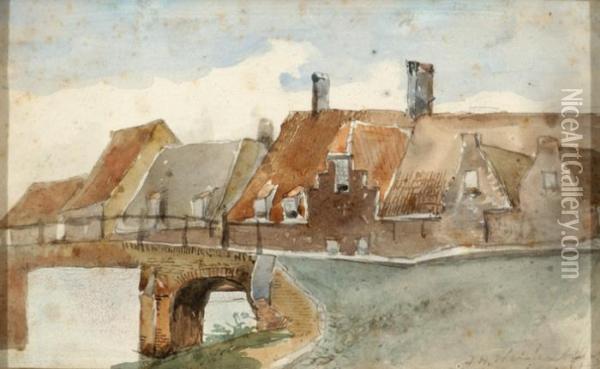 View Of Houses And A Bridge Oil Painting - Jan Hendrik Weissenbruch
