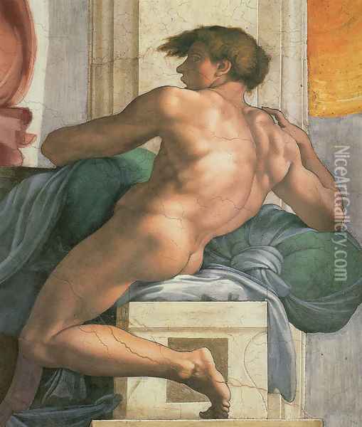 Ceiling of the Sistine Chapel: Ignudi, next to Separation of Land and the Persian Sybil [right] Oil Painting - Michelangelo Buonarroti