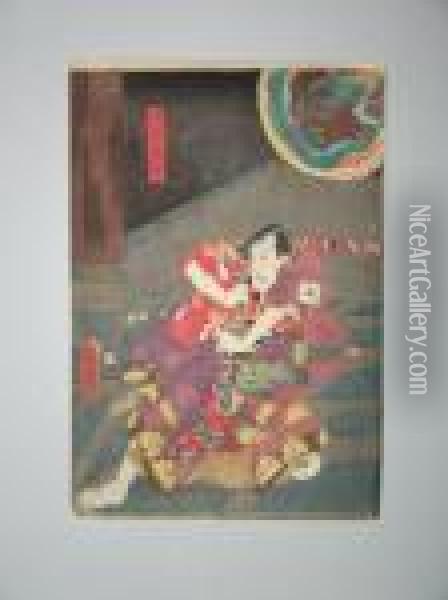 Un Acteur Sur Scene A Genou Oil Painting - Utagawa Toyokuni Iii