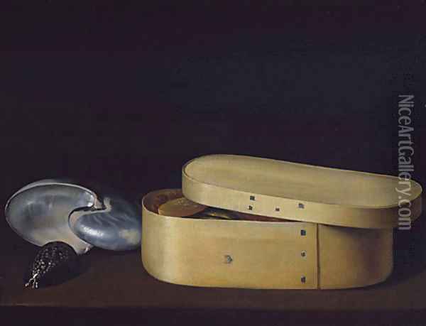 Still Life with a Nautilus Panther Shell and Chip Wood Box ca 1630 Oil Painting - Sebastien Stoskopff
