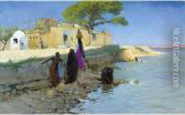 Washerwomen On The Nile Oil Painting - Wilhelm Kuhnert