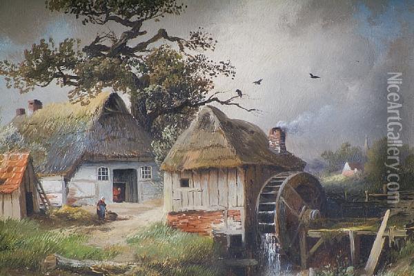 Thatched Cottages And A Watermill Oil Painting - Paul Koster