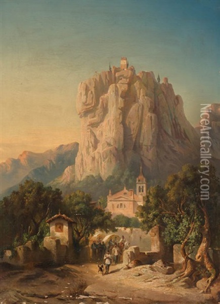 Die Poststrase An Der Burg (soldaten In Balkanlandschaft Mit Meteora Kloster) Oil Painting - Christian Jank