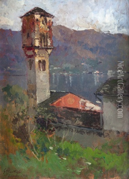 Paesaggio Con Campanile Oil Painting - Giuseppe Mentessi