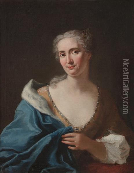Portrait Of A Lady, Half-length, In A Golddress With A Blue Fur-lined Wrap Oil Painting - Gaspare Traversi