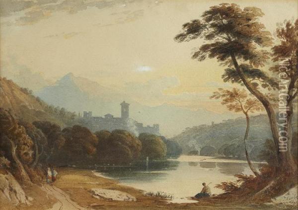 An Italianate Lakeside View Oil Painting - John Varley
