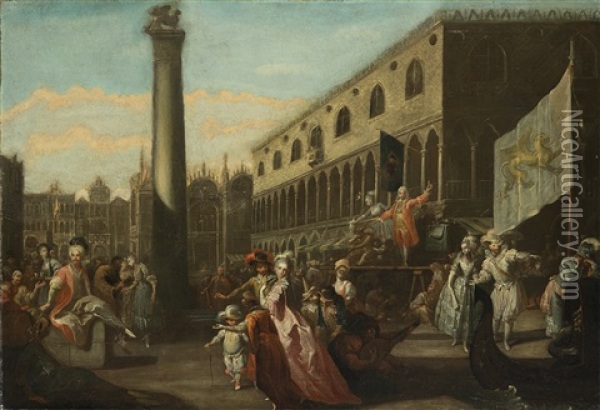 Scena Animata In Piazza San Marco Con Ciarlatano, Personaggi Settecenteschi E Mercanti Turchi Oil Painting - Carl Hilders