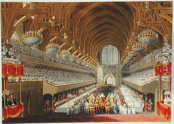 The Royal Banquet, First Course, from an album celebrating the Coronation of King George IV (1762-1830) 19th July 1821, engraved by William James Bennett (1787-1844) published 1824 Oil Painting - Charles Wild
