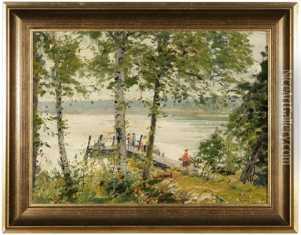 Island Near Cedar Point, Lake Mackinac, Michigan, Figures On A Dock Oil Painting - Louis Charles Vogt