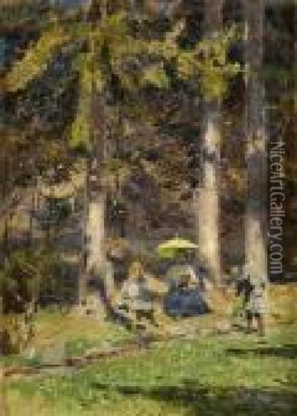 Picknick Im Wald. Oil Painting - Heinrich Hermanns