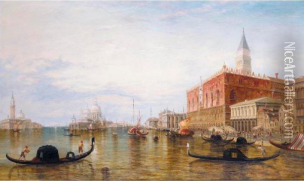 Gondolas On The Grand Canal In Front Of The Doge's Palace, Venice Oil Painting - Alfred Pollentine