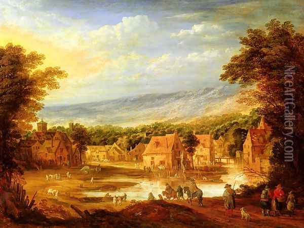 An Extensive River Landscape With Travellers Approaching A Village Oil Painting - Joos De Momper