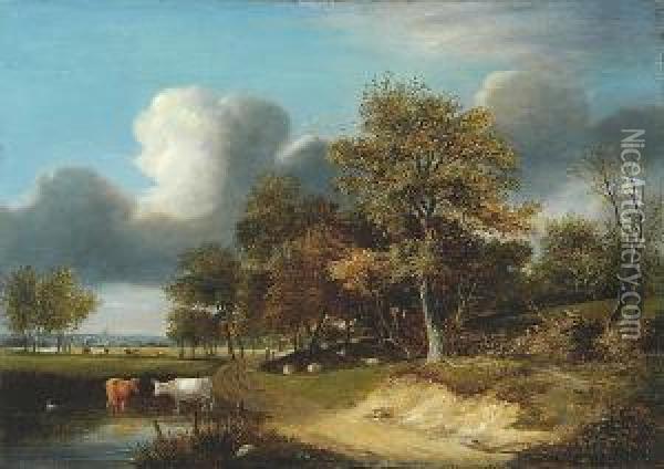 Cattle Watering By A Woodland Path Oil Painting - Samuel David Colkett