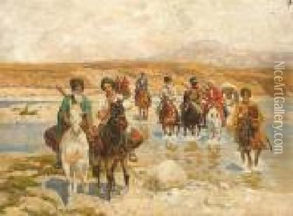 Circassians On Horseback Crossing A River Oil Painting - Franz Roubaud