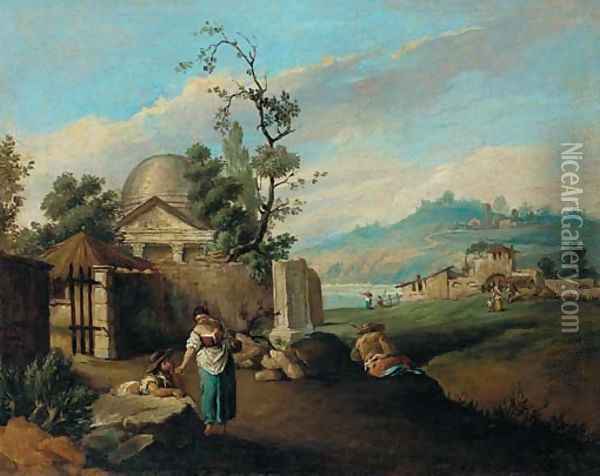 An Italianate river landscape with peasants before a temple Oil Painting - Antonio Visentini