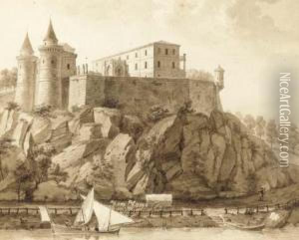 A Fortified Castle On A Cliff Along A River Oil Painting - Constant Florent F. Bourgeois Du Castelet