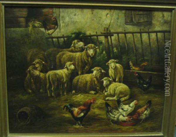 Barnyard Scene With Sheep And Chickens Oil Painting - August Laux