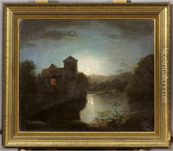 A Moonlit River Scene Oil Painting - Henry Pether