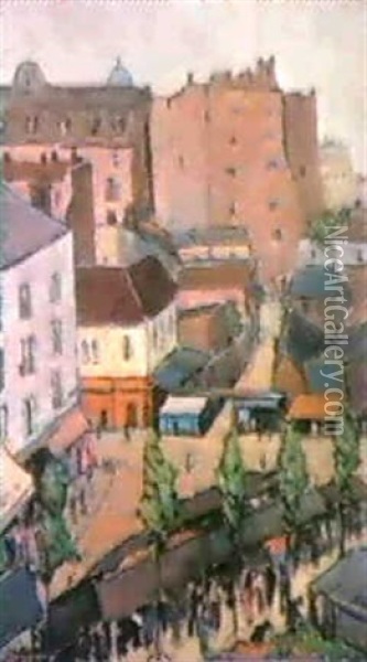 Town With Market & Corner Of The Road Oil Painting - John Riddle