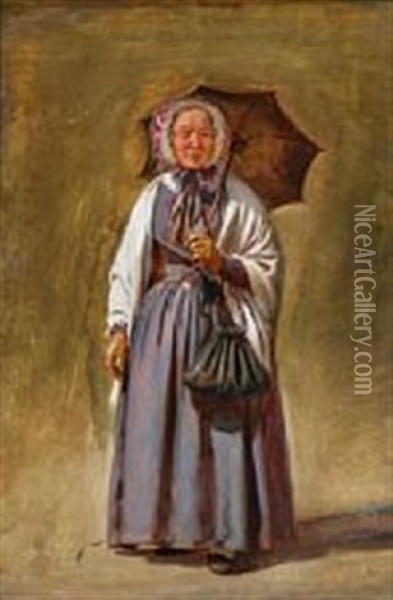 A Woman Holding An Umbrella Oil Painting - Ludwig August Smith