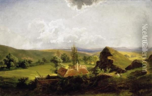 Hilly Landscape With Children Playing Oil Painting - Karoly Telepy