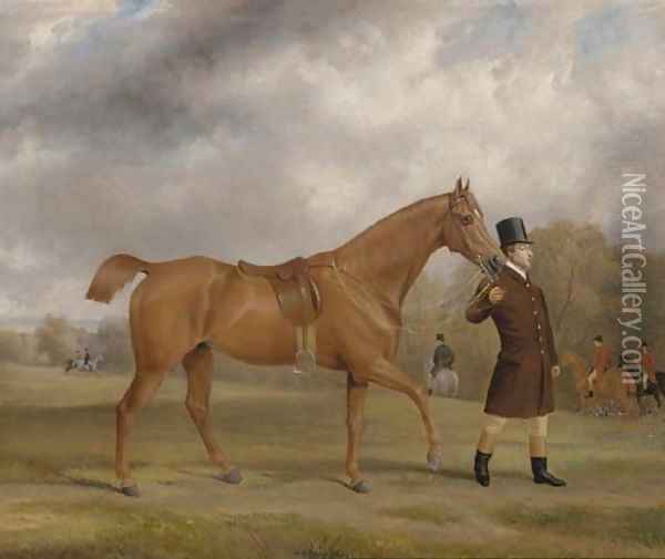 A bay hunter and groom, with a hunt beyond, in an extensive landscape Oil Painting - John Paul