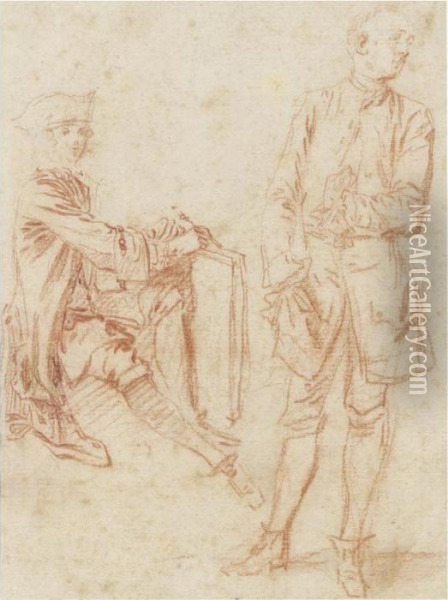 Two Figures: A Draughtsman 
Seated Holding A Portfolio, Another Standing With His Hand In His Pocket Oil Painting - Watteau, Jean Antoine